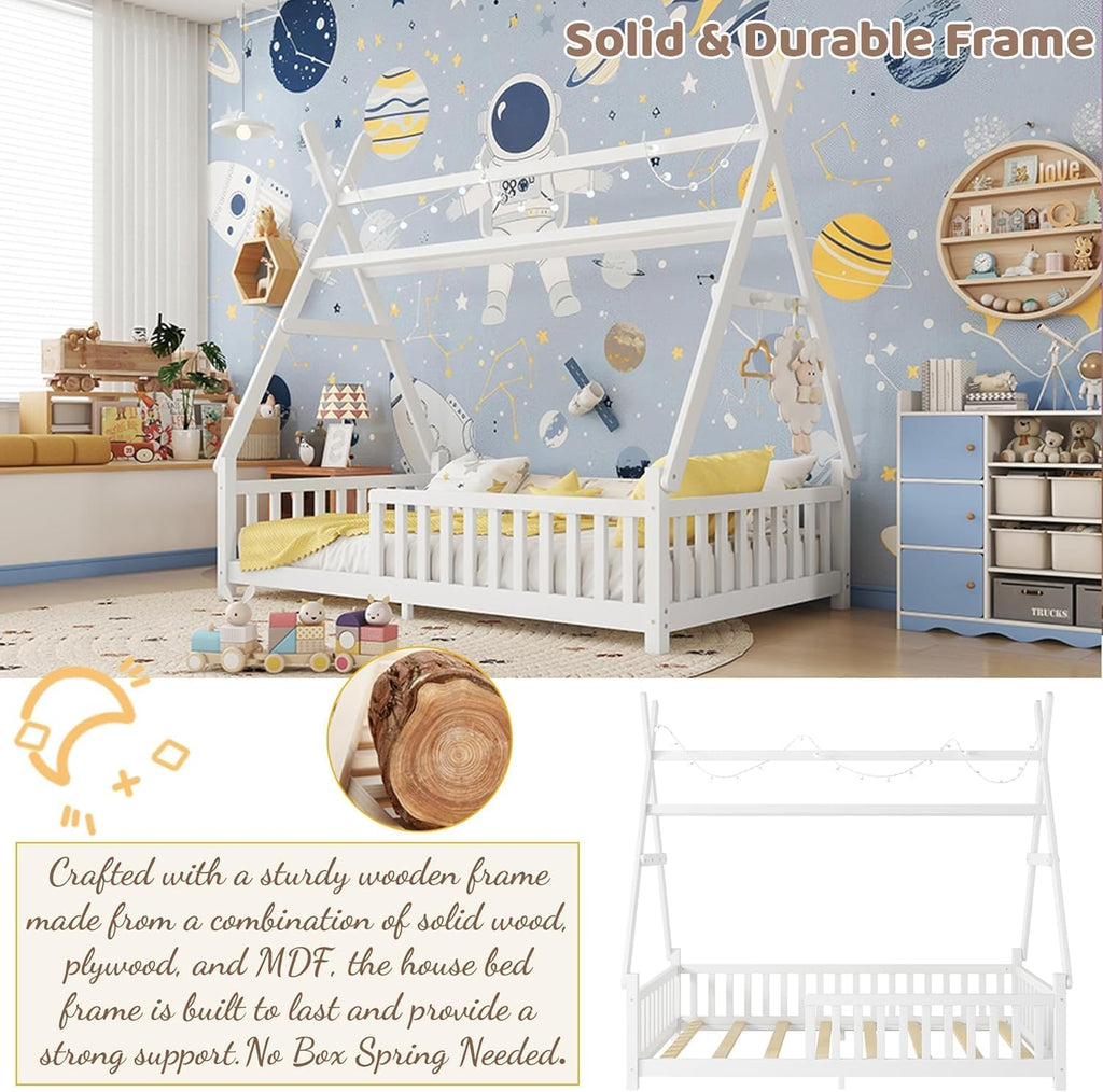 Twin Tent-Shaped Bed for Kids with LED Light, Teepee Floor Bed with Guardrails, Wooden Montessori Bed Frame
