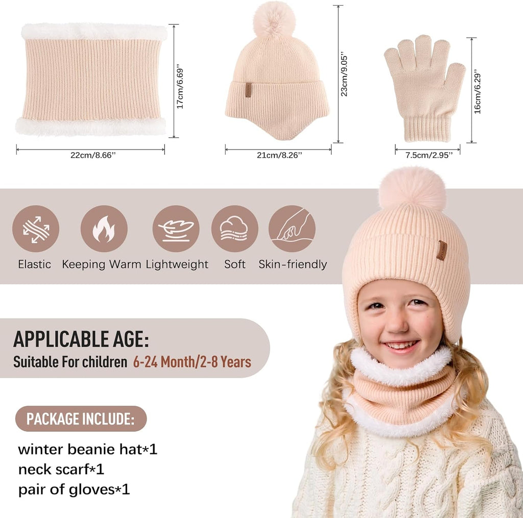 Toddler Girls Winter Hat Gloves Scarf Set Warm Fleece Lined Knit