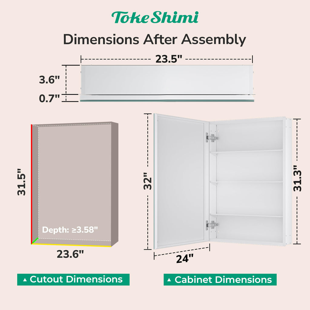 24x32 Mirrored Medicine Cabinet Recessed or Wall Mount, Aluminum Tempered White Bathroom Medicine Cabinet with Mirror
