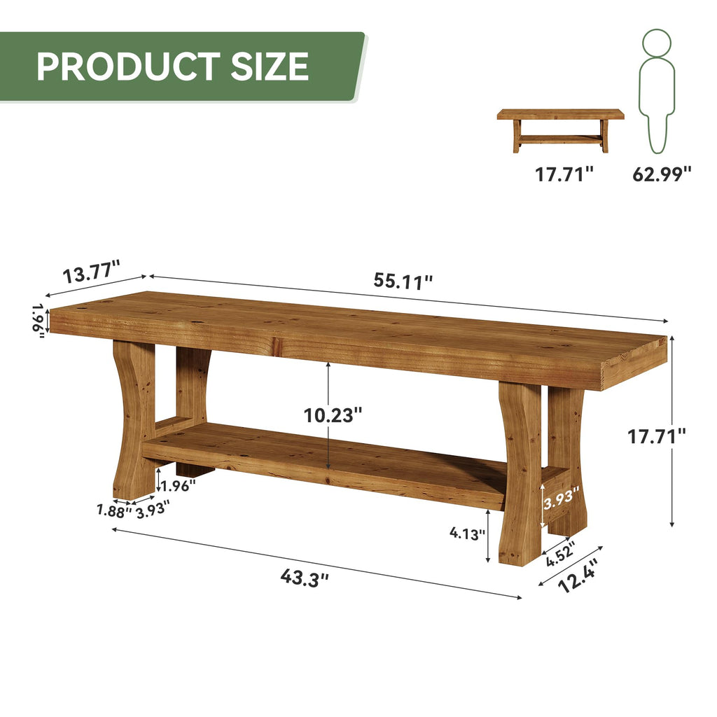 Solid Wood Entryway Bench, 55" End of Bed Bench, Long Indoor Dining Seat, Easy Assembly, Brown