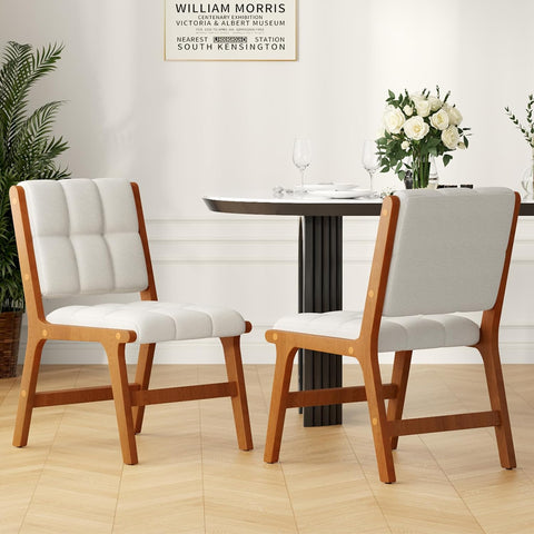 Furniliving Oak Wooden Dining Chairs Set of 2, Mid-Century Modern Linen Fabric Upholstered Kitchen Chair