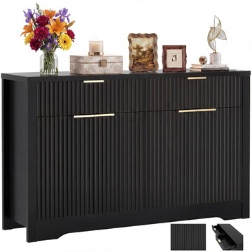 55" Fluted Sideboard Buffet Cabinet with Drawers (Black, 4 Doors)