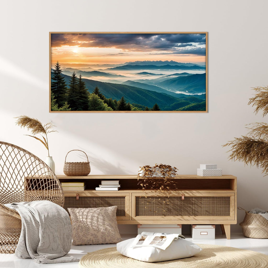 Large Nature Mountain Sunrise Framed Canvas Wall Art, Modern Misty Tree Wall Decor, Boho Forest Green Landscape