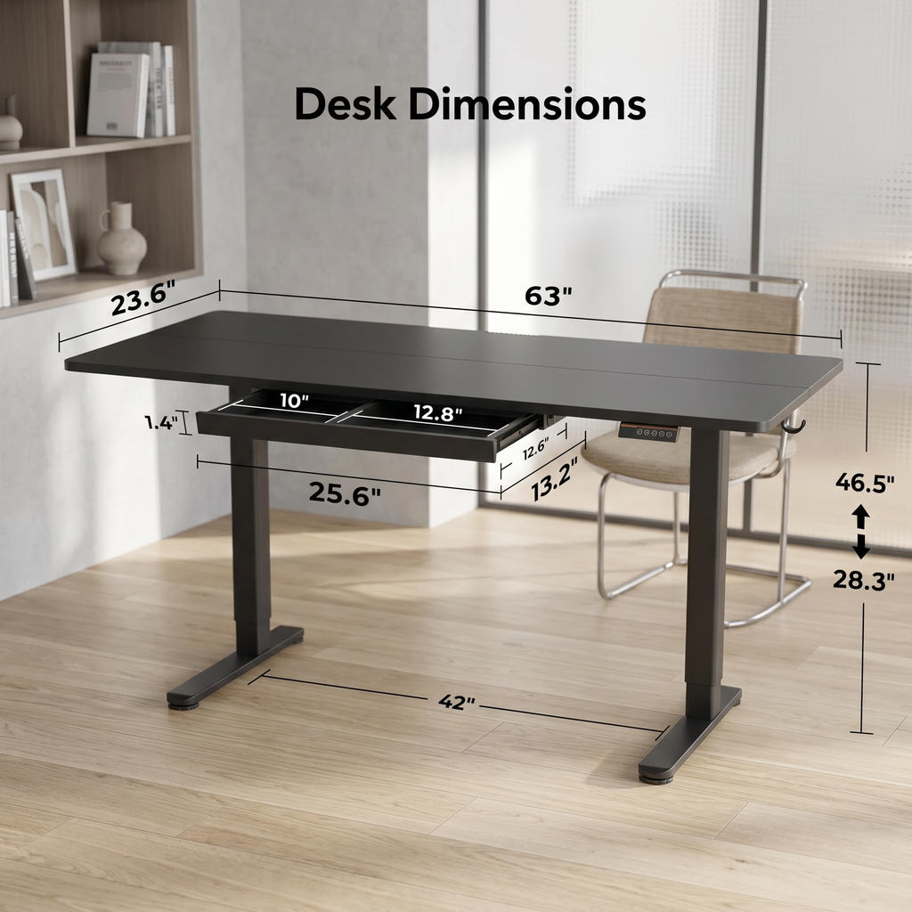 Electric Height Adjustable Standing Desk with Drawers, 63 x 24 Inch Sit Stand Desk, Computer Desk Workstation, Black