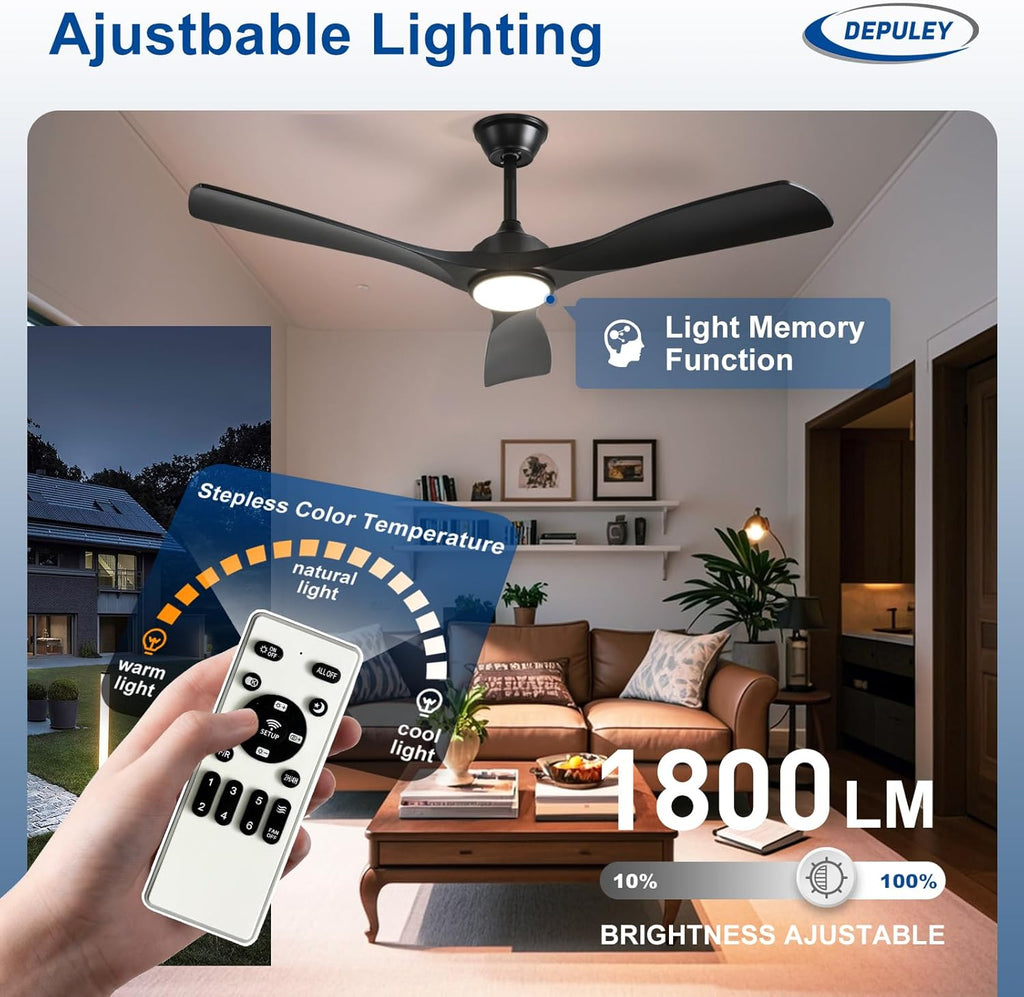52-Inch Ceiling Fan with Light: Black 3 Blade Outdoor Fans for Patios - Dimmable Indoor Fan with Remote APP Control Ultra Quiet DC Motor Reversible 6 Speed Timer A101-B0DP6VN56W