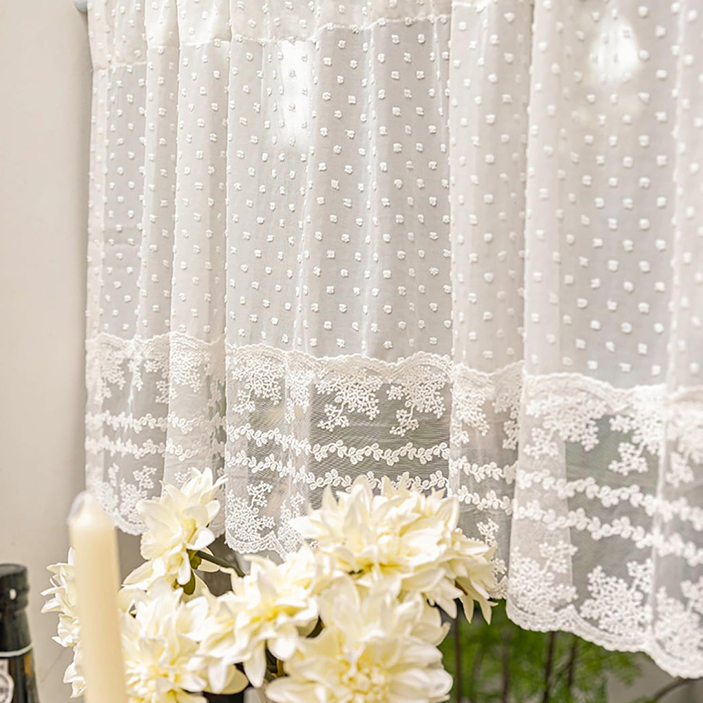 White Pom Pom Lace Sheer Curtain Valance Windows French Style