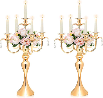 2PCS Gold 5-Arm Candelabra Centerpiece - 20.3" Tall Metal Candle Holdervents, Dining Room, Church Decorations