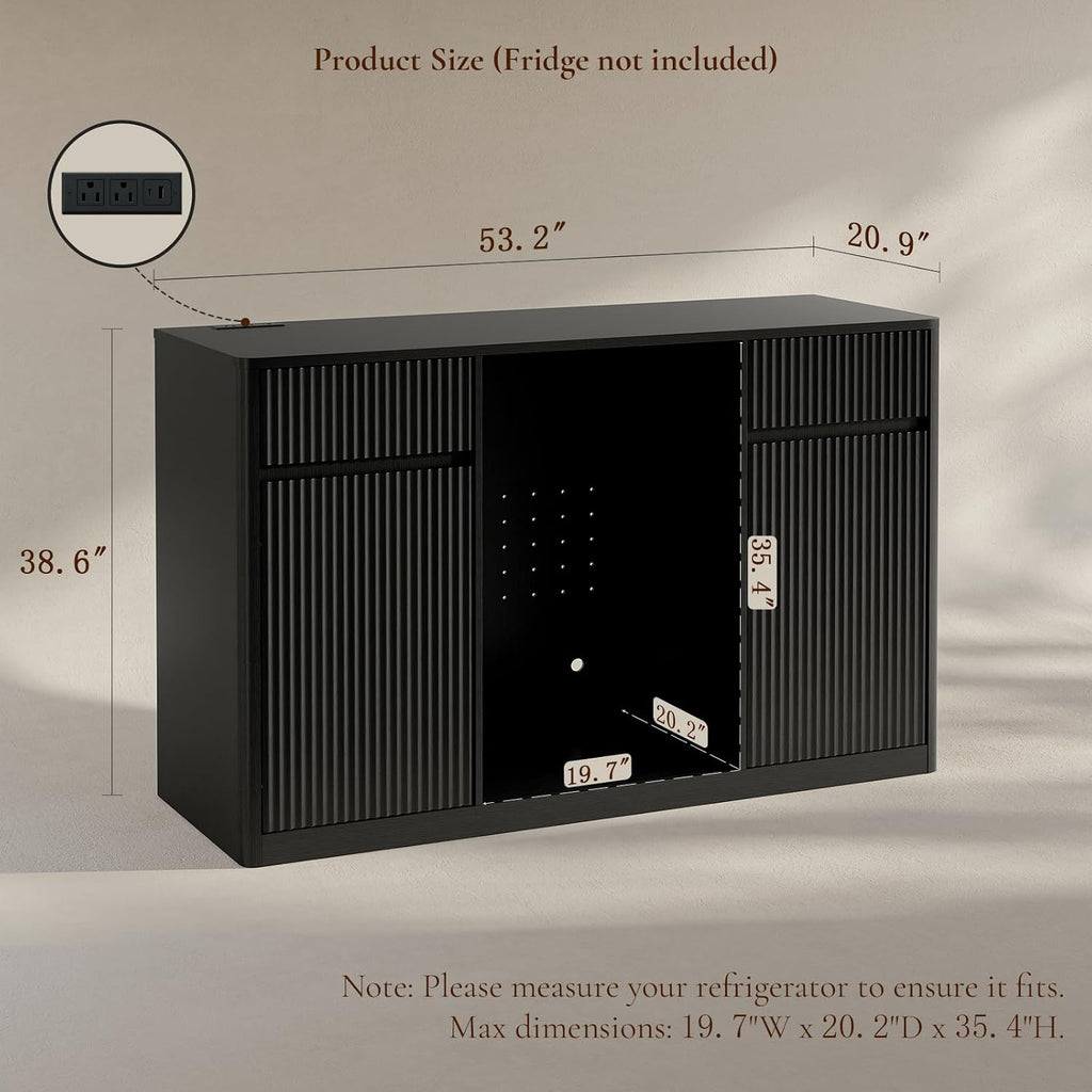 53" Fluted Coffee Bar Cabinet with Mini Fridge Space, 2 Drawers and Charging Station, Black