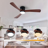 Modern 52 Inch Flush Mount Ceiling Fan with LED Lights and Remote Control - 3 Wood Blades, Reversible DC Motor, 6 Speeds, Timer - Walnut and Matte Black