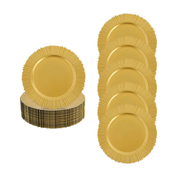 13 Inch Gold Charger Plates Bulk 100 Pcs Round Elegant Serve ware Chargers Plate with Diffusion Line Pattern Reusable