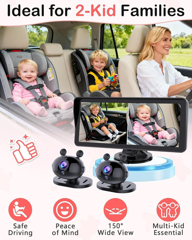 Dual Baby Car Camera HD 1080P: 6.9" Split-Screen Monitor for 2 Kids & Twins