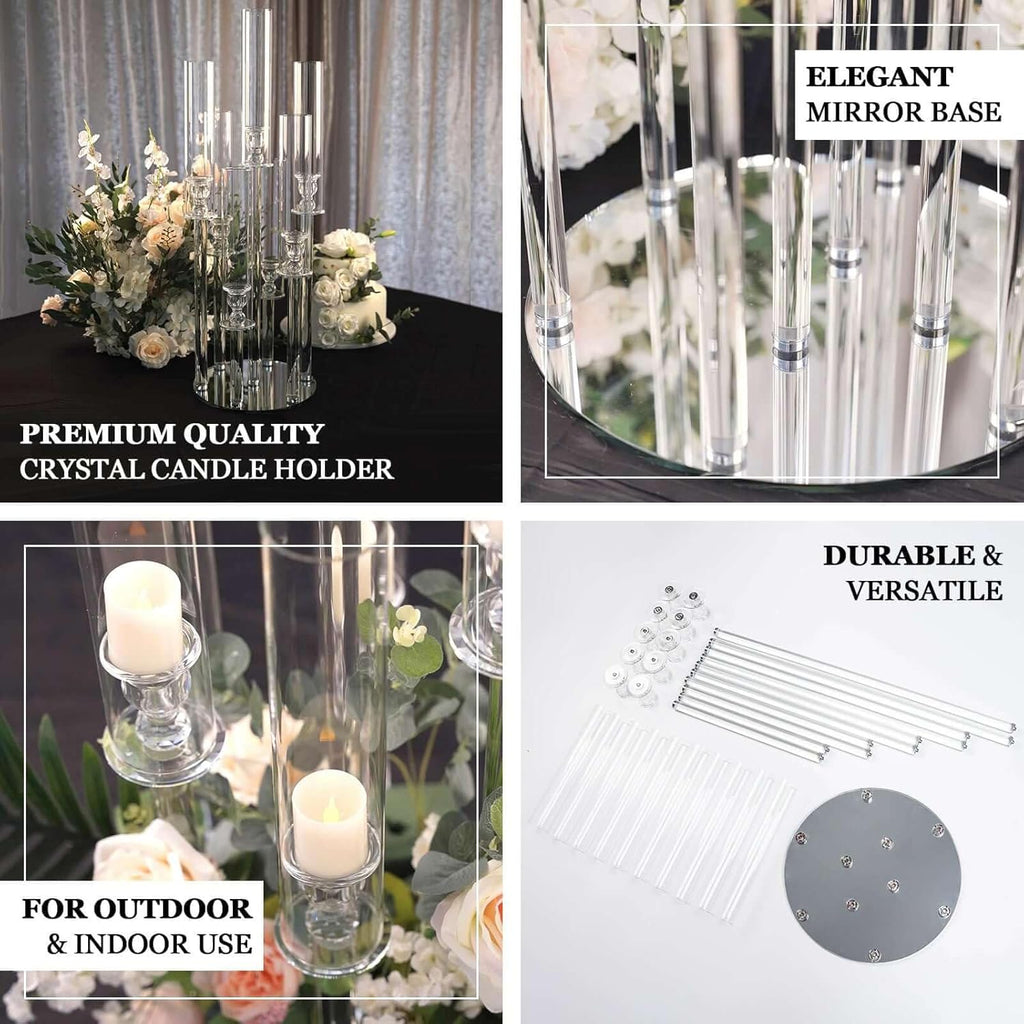 Efavormart 33" Tall - 7 Arms Clear Crystal Cluster Round Candelabra, Pillar Candle Holders with Mirror Base - Perfect