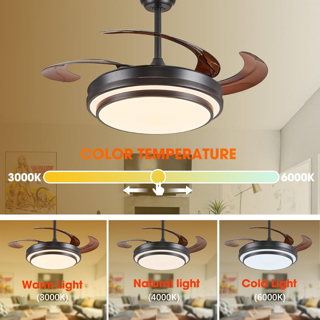 48" Modern Retractable Ceiling Fans with Lights - Black