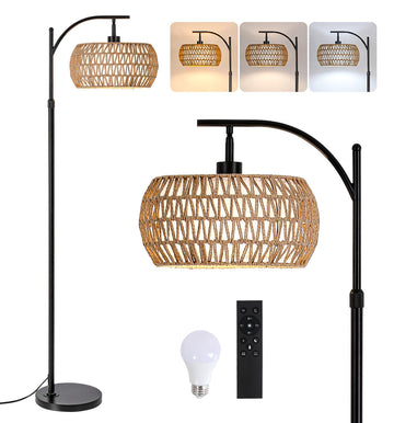 Arc Floor Lamp with Remote Control, Boho Farmhouse Standing Lamp with Stepless Dimmable Bulb and Fabric & Rattan