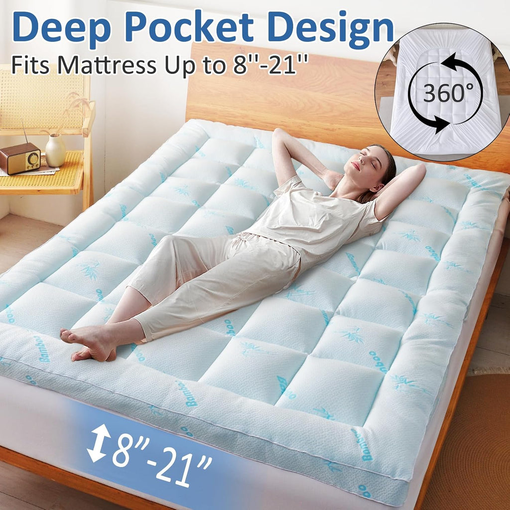 Mattress Topper Queen Size - Cooling Extra Thick Breathable Viscose Made from Bamboo Mattress pad - Soft Quilted