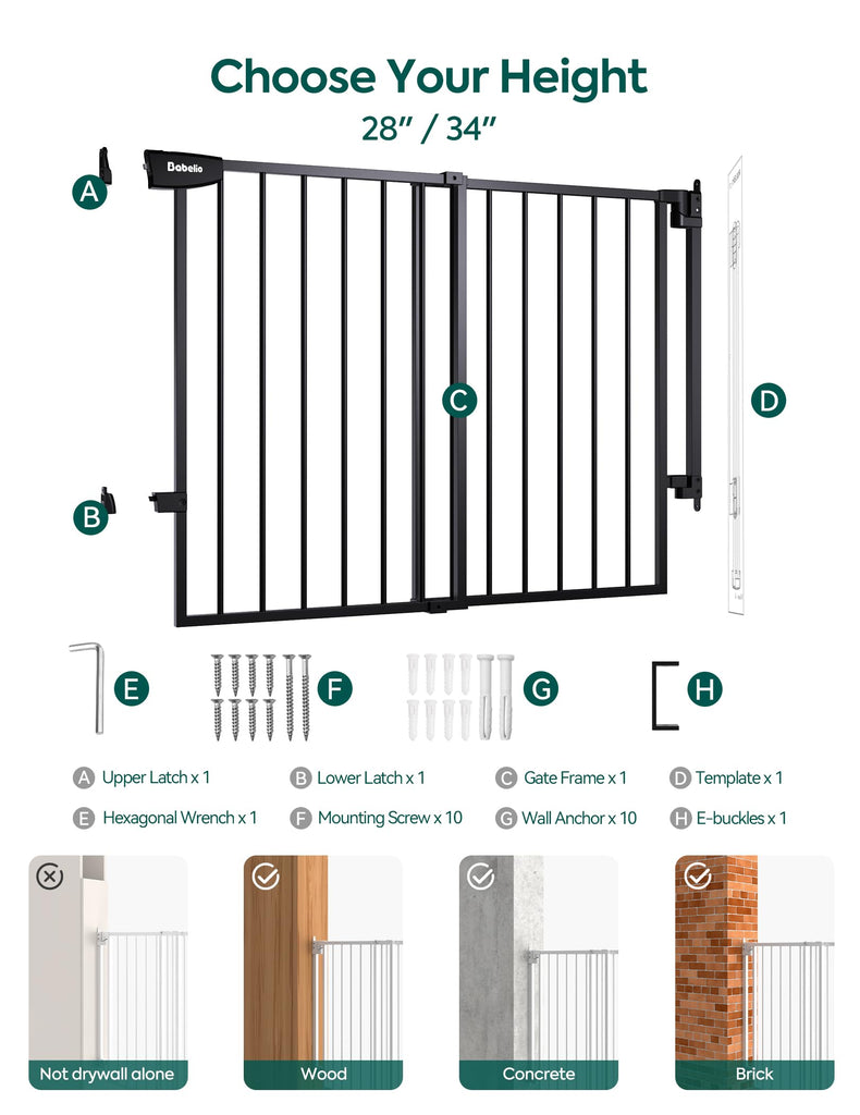 Extra Tall No Bottom Bar Baby/Dog Gate, 34" H, 29.7-46.5" W, Black