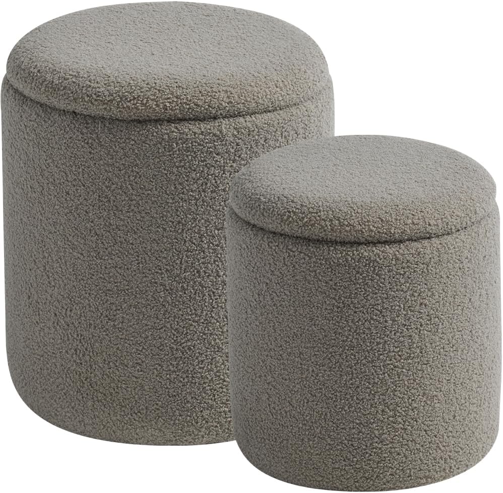 Round Ottoman with Storage Set of 2 Gray Sherpa Vanity Stool | Multifunctional Ottomans Coffee Table Padded Seat Foot