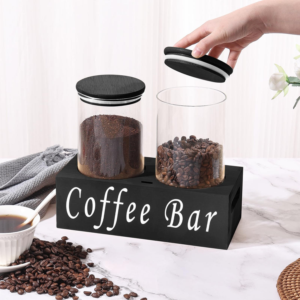 Rustic Modern Black 2PCS Small 44oz Coffee Storage Jars with Shelf, 2Pcs 1.295L Airtight Glass Coffee Containers
