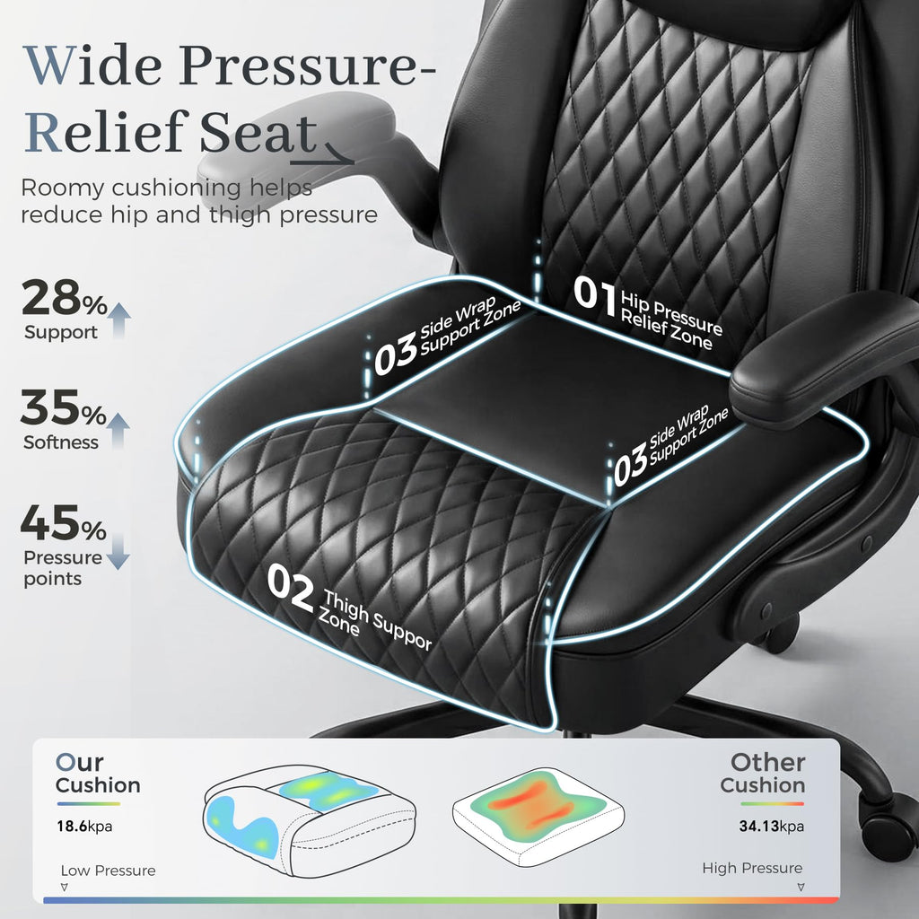Executive Office Chair with Comfortable Lumbar Support, Ergonomic Gaming Chair with Flip-up Armrests & Zoned