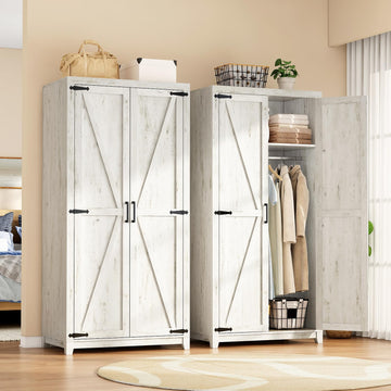 70" Farmhouse Wardrobe Closet Set of 2 with Hanging Rod & Barn Doors