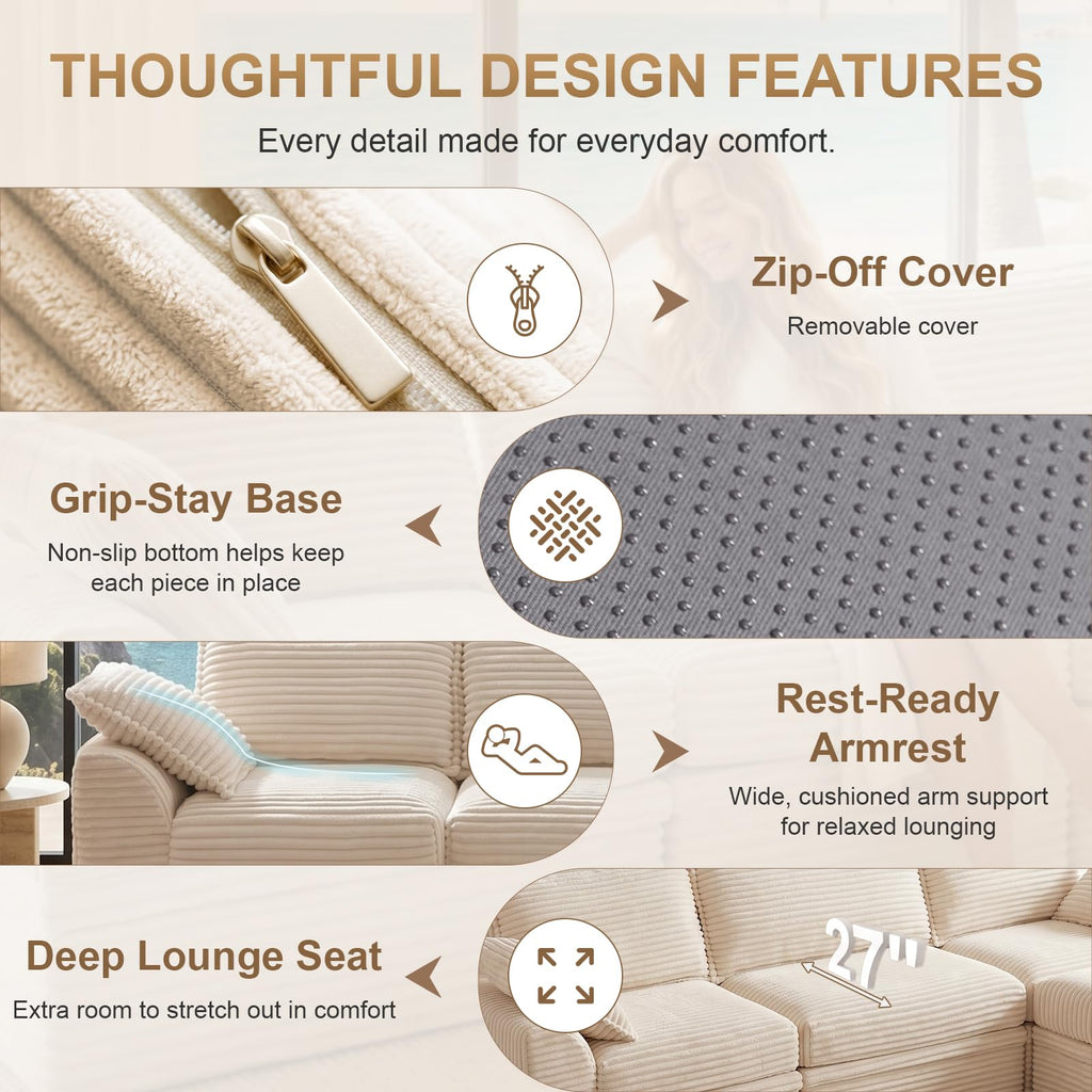 142" Upgraded Boneless Couch with Storage, Modular Sectional Couches, Oversized Deep Seat 6-Seat U Shaped Cloud Sofa