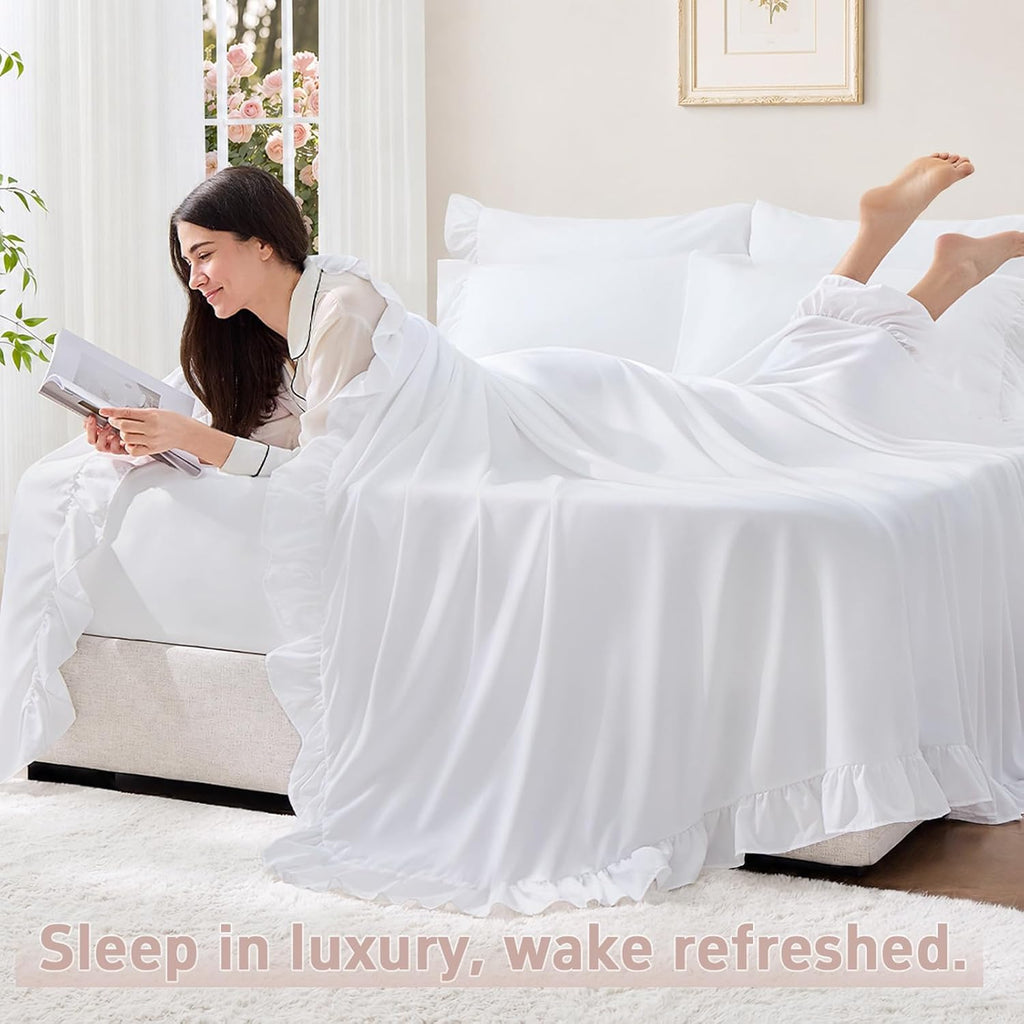 Twin Sheets 4 Pieces - White Sheets with 4-Inch Ruffles Bed Skirt | Soft Washed Microfiber Twin Sheets Set for Girls