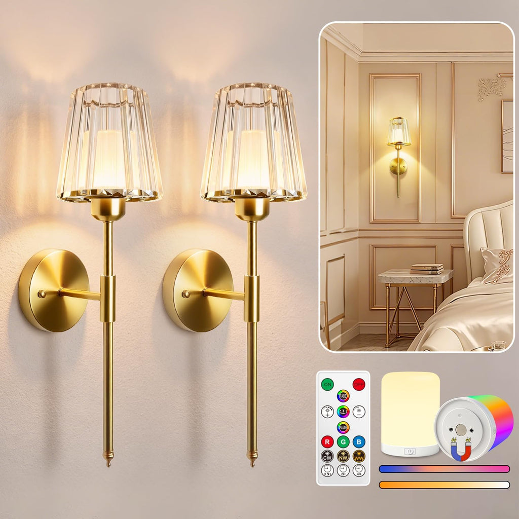 Crystal Battery Operated Wall Sconces Set of Two, Gold Rechargeable Wall Lights with 10000mAh Dimmable Magnetic Bulb