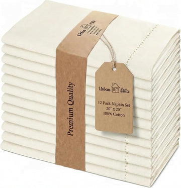 Cloth Napkins Ivory Hemstitch Dinner Napkins Set of 12 (20X20) 100% Cotton Absorbent Washable Durable Reusable Ideal