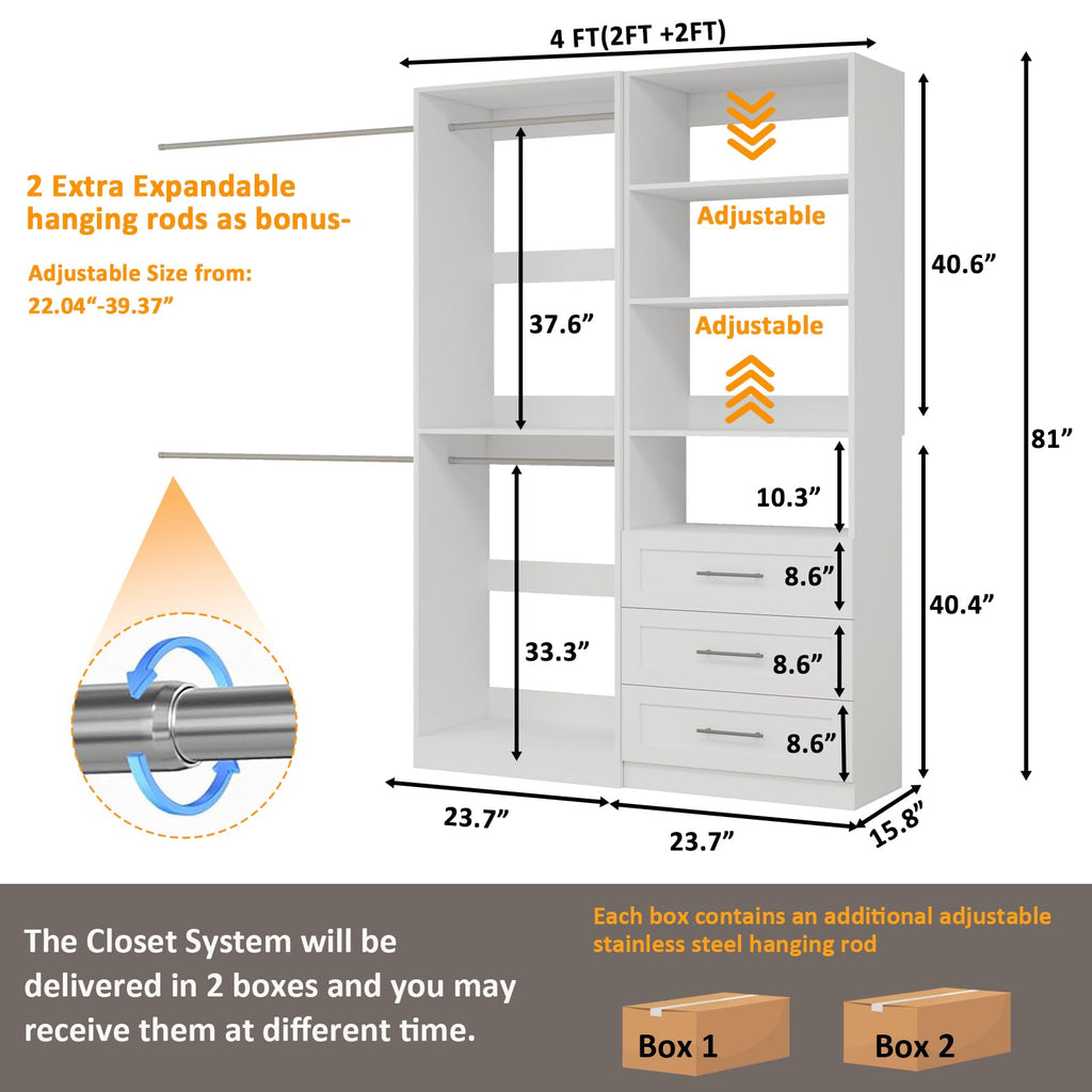 Closet System with 3 Drawers, 4FT-10.5FT Wooden Organizer System