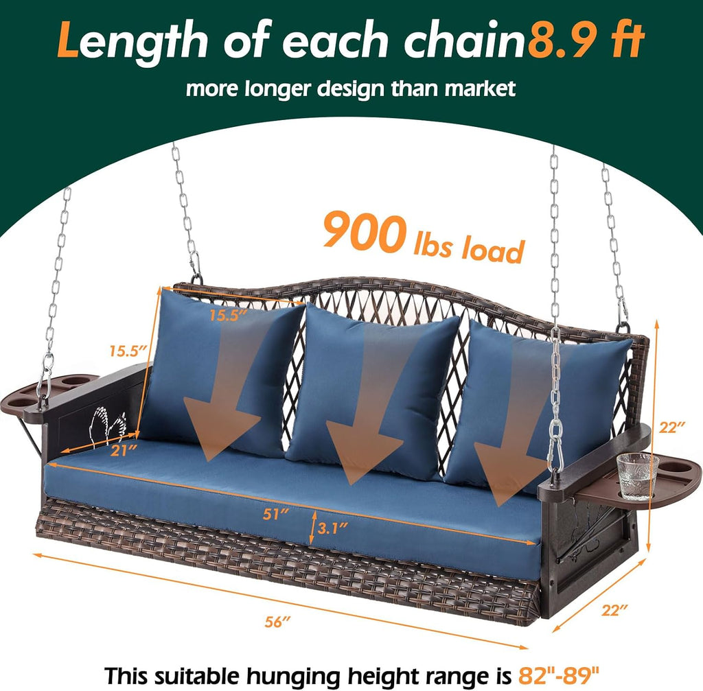 Upgraded Wicker Hanging Porch Swing Heavy Duty 900 LBS 3-Seat Outdoor Patio Swing Chair Bench for Adult w/ 8.9ft