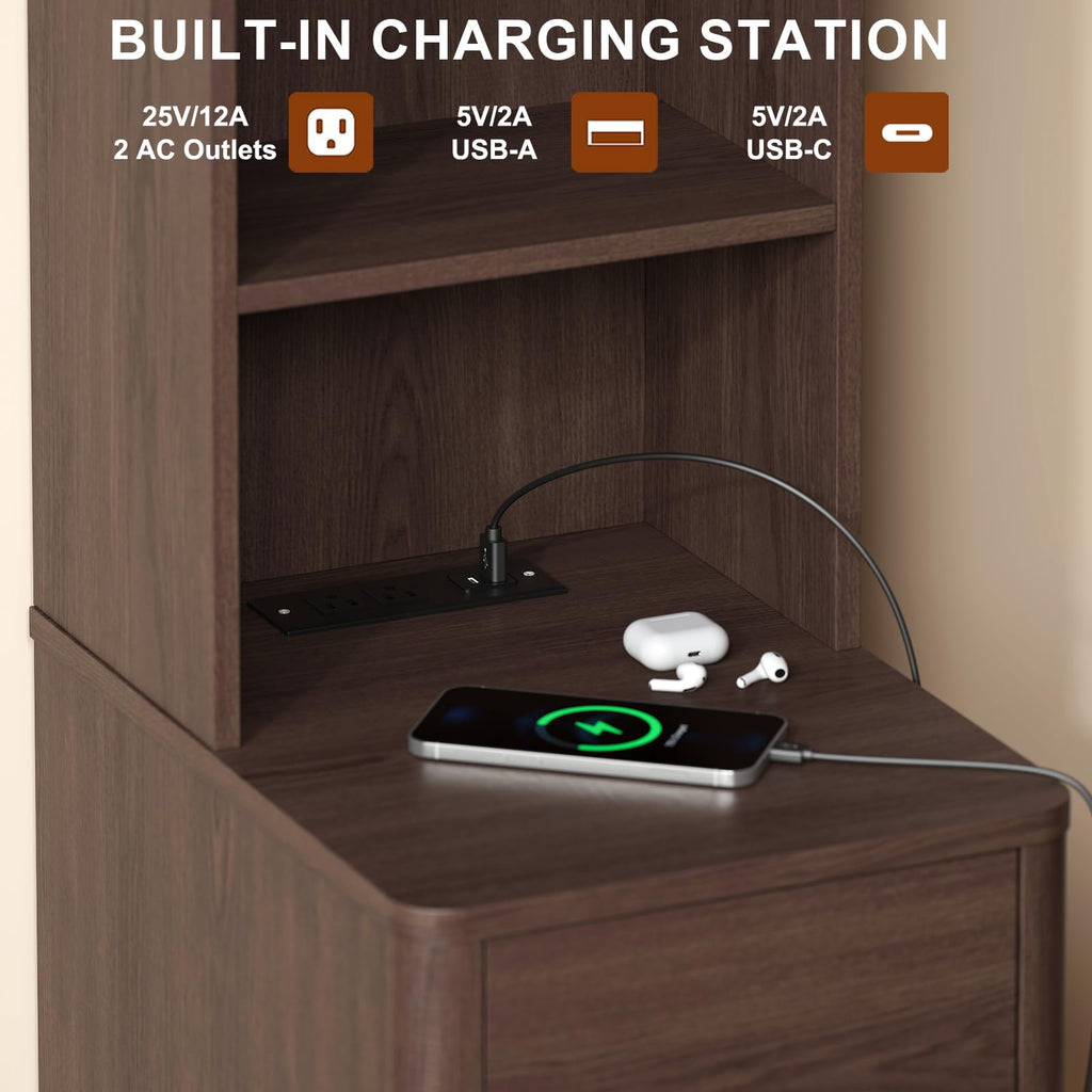 Tall Narrow Nightstand with Bookshelf, 47" Side Table with Charging Station