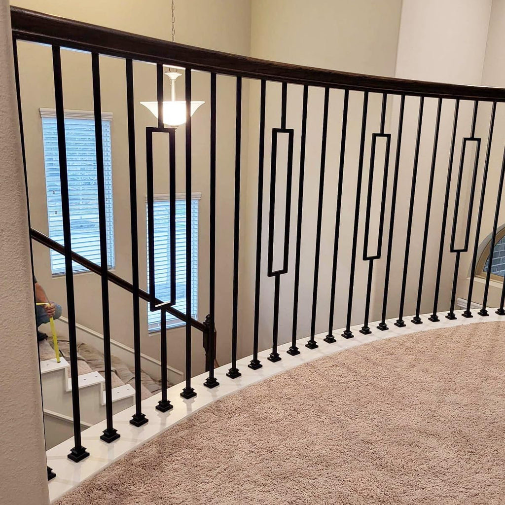 Stair Parts - Contemporary Rectangle Stair Wrought Iron Balusters (Contractor 10-Pack) Modern Hollow Metal Railing