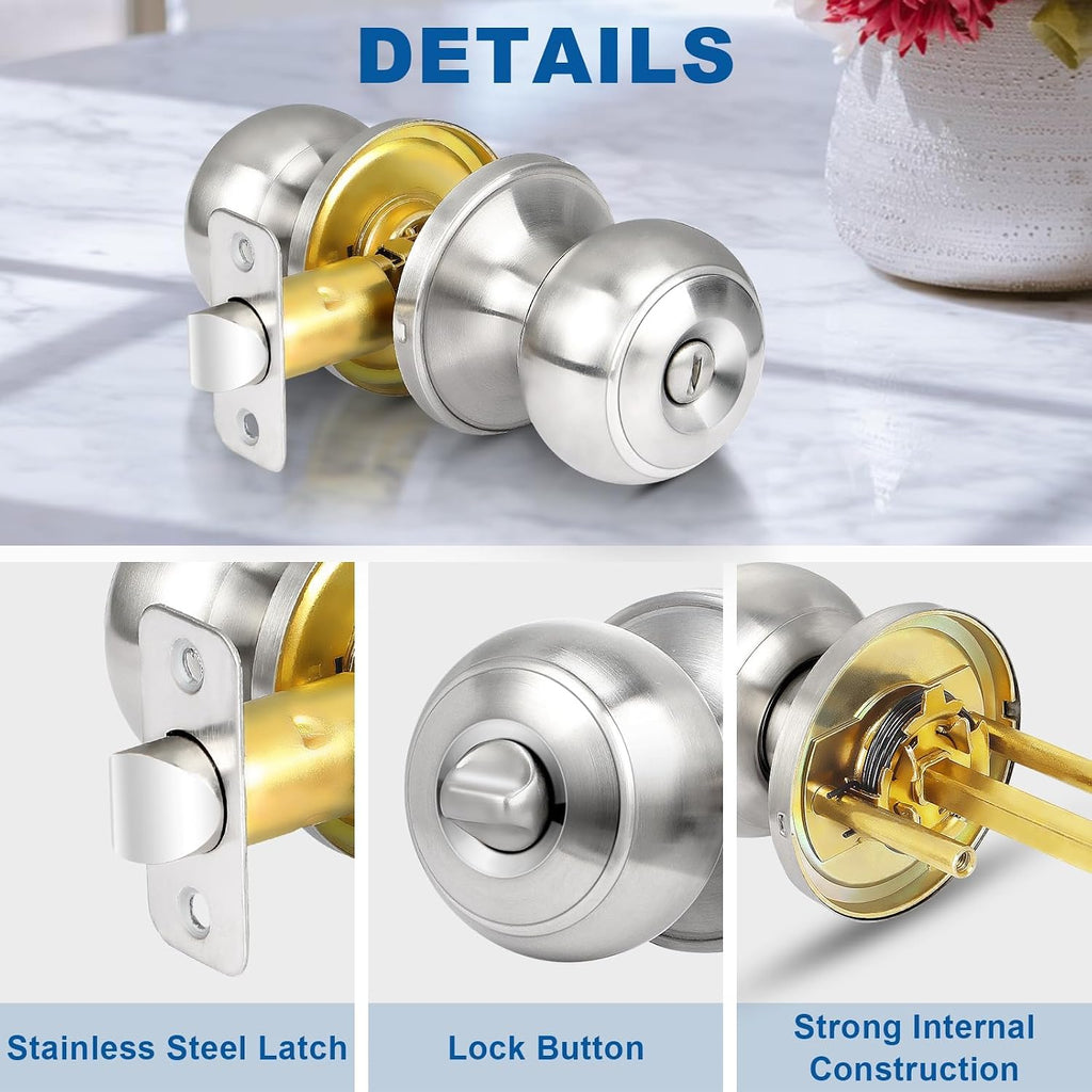 Privacy Door Knob, 5 Pack Brushed Nickel Round Keyless Doorknobs