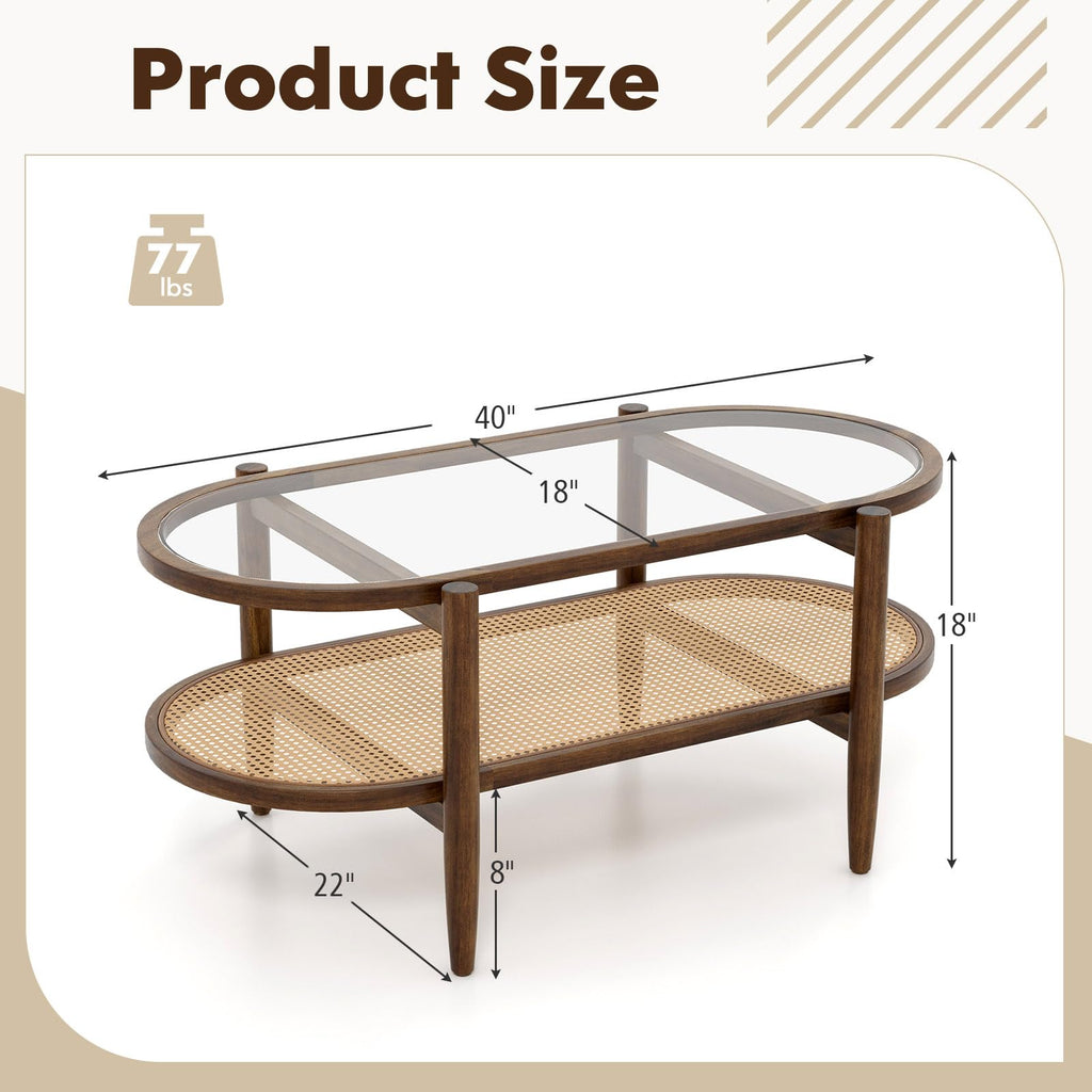 Rattan Coffee Table, 2 Tier Boho Oval Living Room Table w/Glass Tabletop Wood Frame & Storage Shelf, 40''L Mid