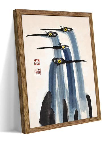 Framed Vintage Canvas Wall Art, Elegant Ink Cranes Painting, Antique Watercolor Prints, Classic Chinese Style Bird