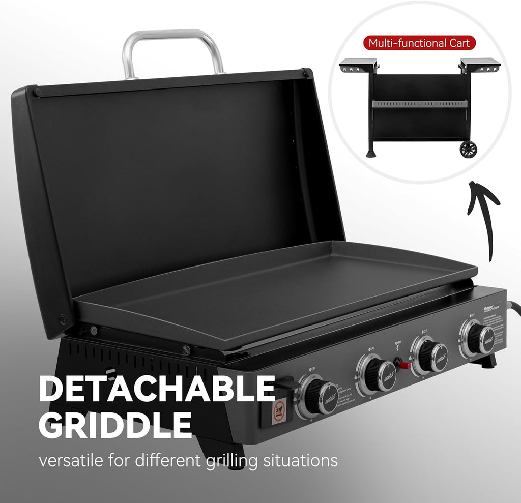 4-Burner Propane Gas Griddle with Removable Cart, Convertible Tabletop Flat Top Grill with Hood for Camping and Backyard