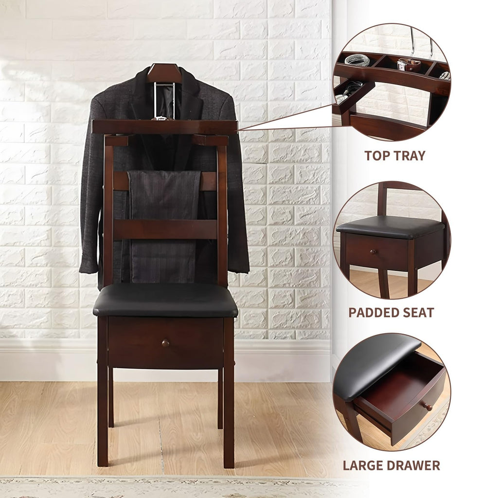 Chair Valet With Drawer and Tray for Men Women's Clothes, Watches Keys Wooden Suit Rack Valet Stand, With Contour