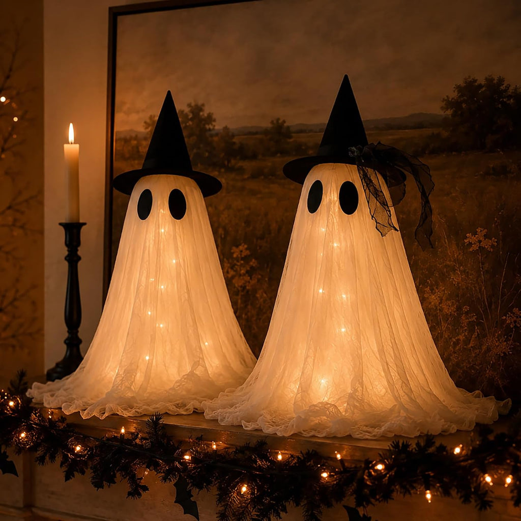 2-Pack Halloween Ghost Decor Set, USB Powered w/Remote Lights - Set of 2