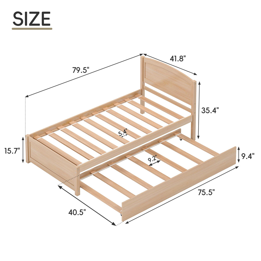 Twin Trundle Bed, Solid Wooden Pull Out Bed Frame, Extendable Day Bed with Headboard and Soild Wood Slats Support