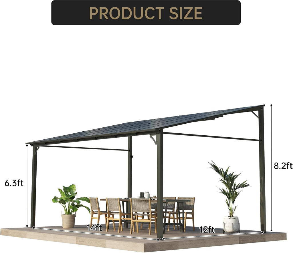 12' x 14' Hardtop Lean-to Gazebo, Wall-Mounted Aluminum Pergola with Polycarbonate Roof – Black