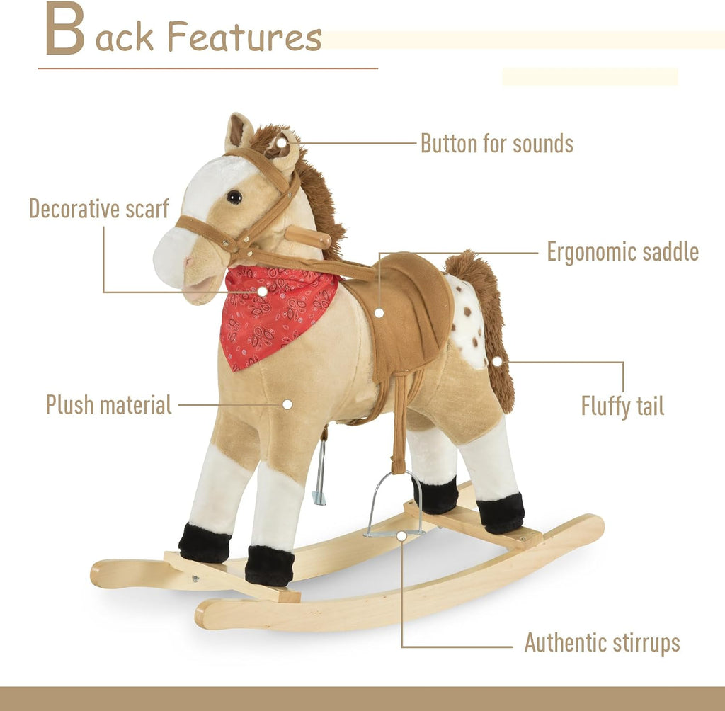 Kids Plush Ride-On Rocking Horse Toy with Fun Realistic Sounds Beige