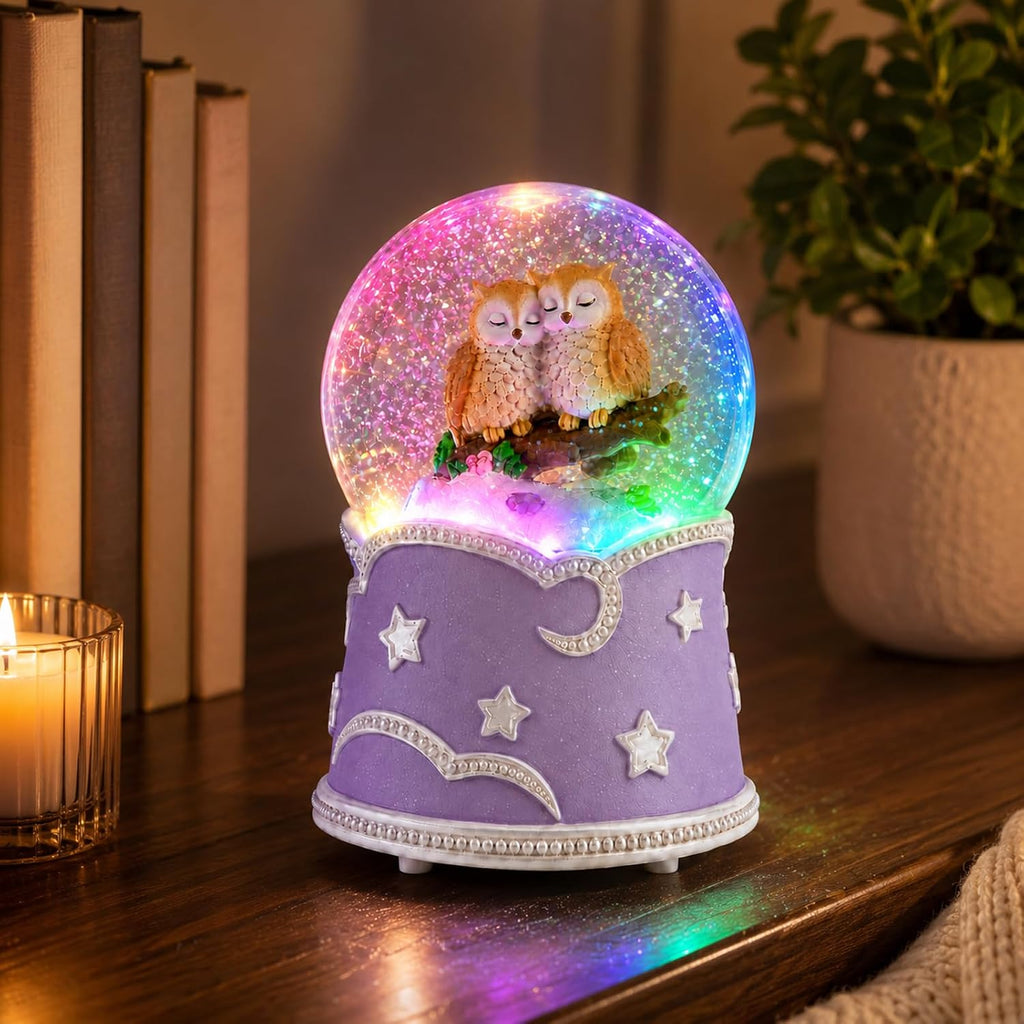 Owl Snow Globe Music Box with Color Lights, Beautiful Dreamer Tune, Glitter Musical Snow Globe, Rotating Owls