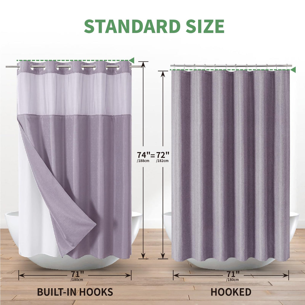 Lavender No Hook with Snap-in Fabric Liner Set, Slub Textured Fabric Shower Curtains Style Modern, Water Repellent &