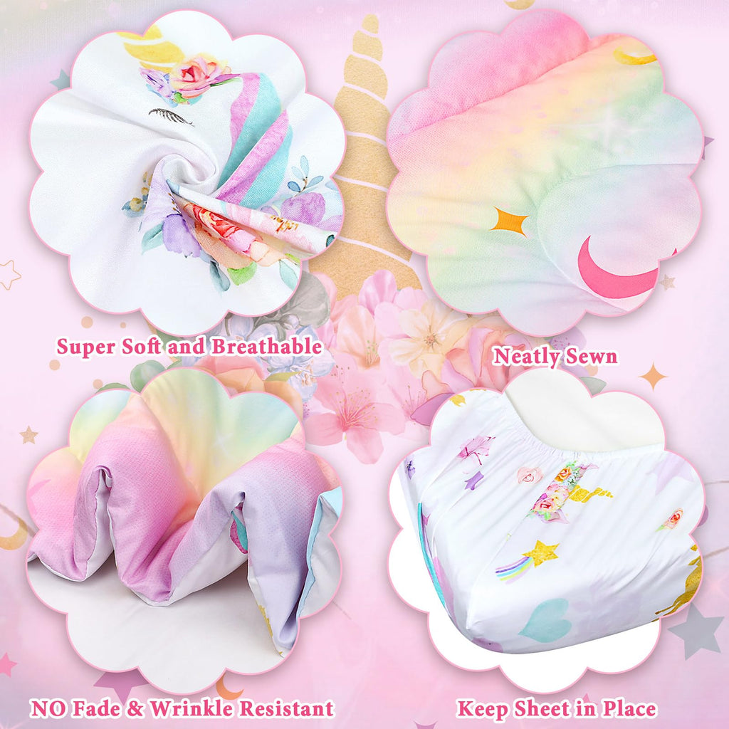 Toddler Bedding Sets for Girls, Unicorn Toddler Crib Bedding Set 4 Piece Pink Floral Toddler Comforter Set Includes