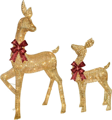 2-Piece Large Lighted Christmas Deer - Outdoor Yard Decoration Rattan Reindeer with 85 LED Lights, Stakes, Zip Ties