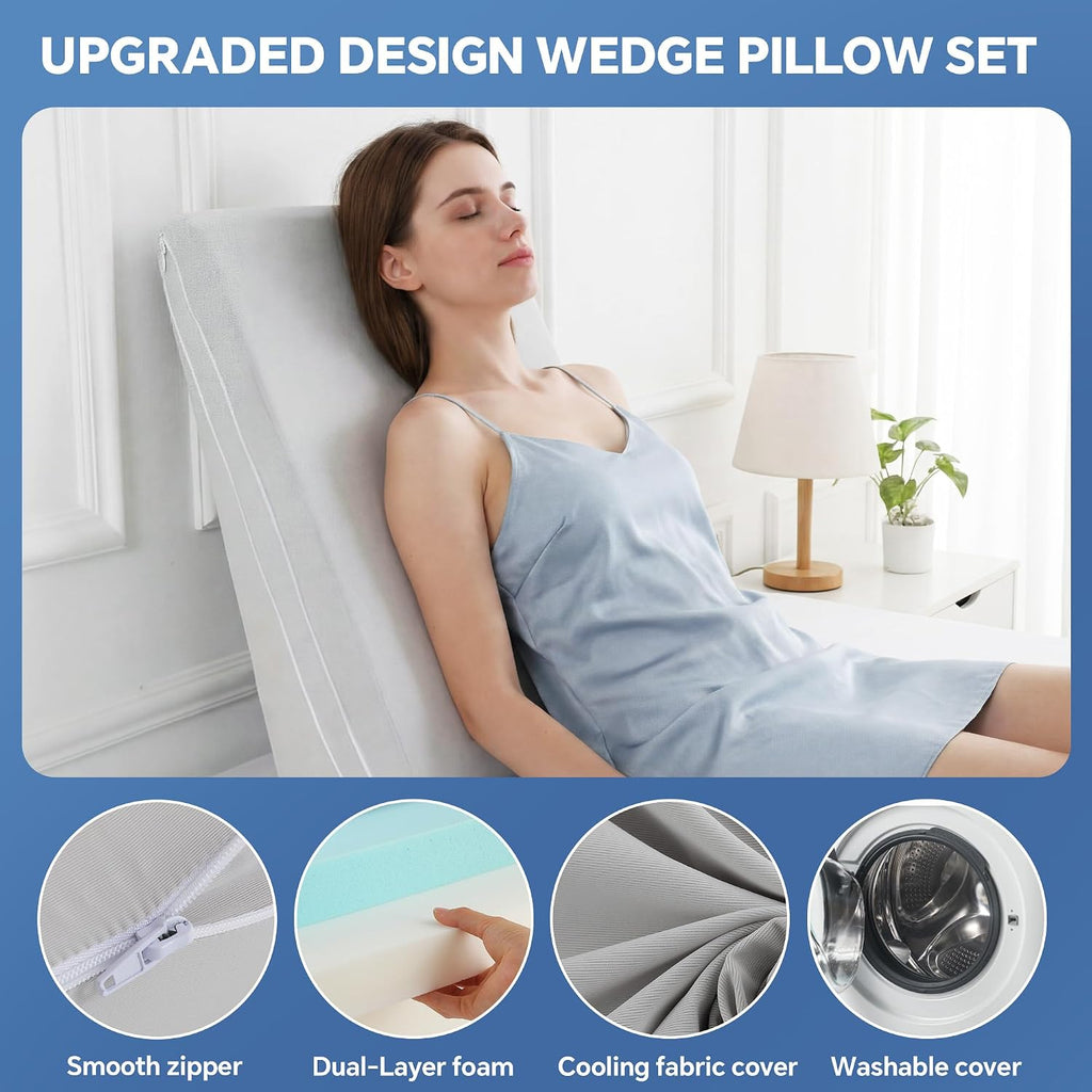 Adjustable Wedge Pillow, Q-max 0.35 Cooling Cover, 4 Heights Incline Pillow | 4 Adjustable Heights (2,4,6,8in)