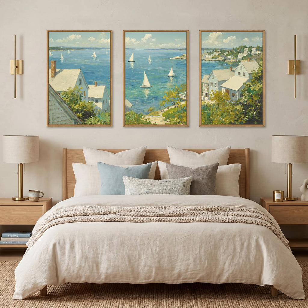 Large Coastal Sailboat Framed Canvas Wall Art Set, Summer Seascape Wall Decor, Nautical Blue Ocean Art Prints, Nature