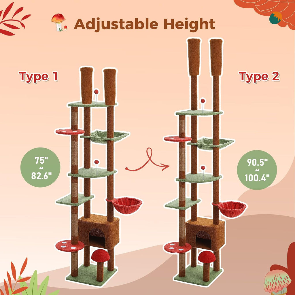 Floor to Ceiling Cat Tree, Height Adjustable 90.5-100.4'', Brown