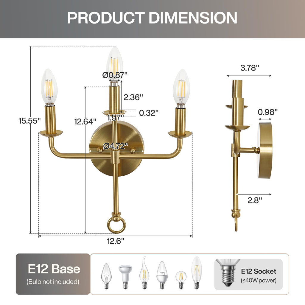 Gold Wall Sconce, Brass Candle Wall Light