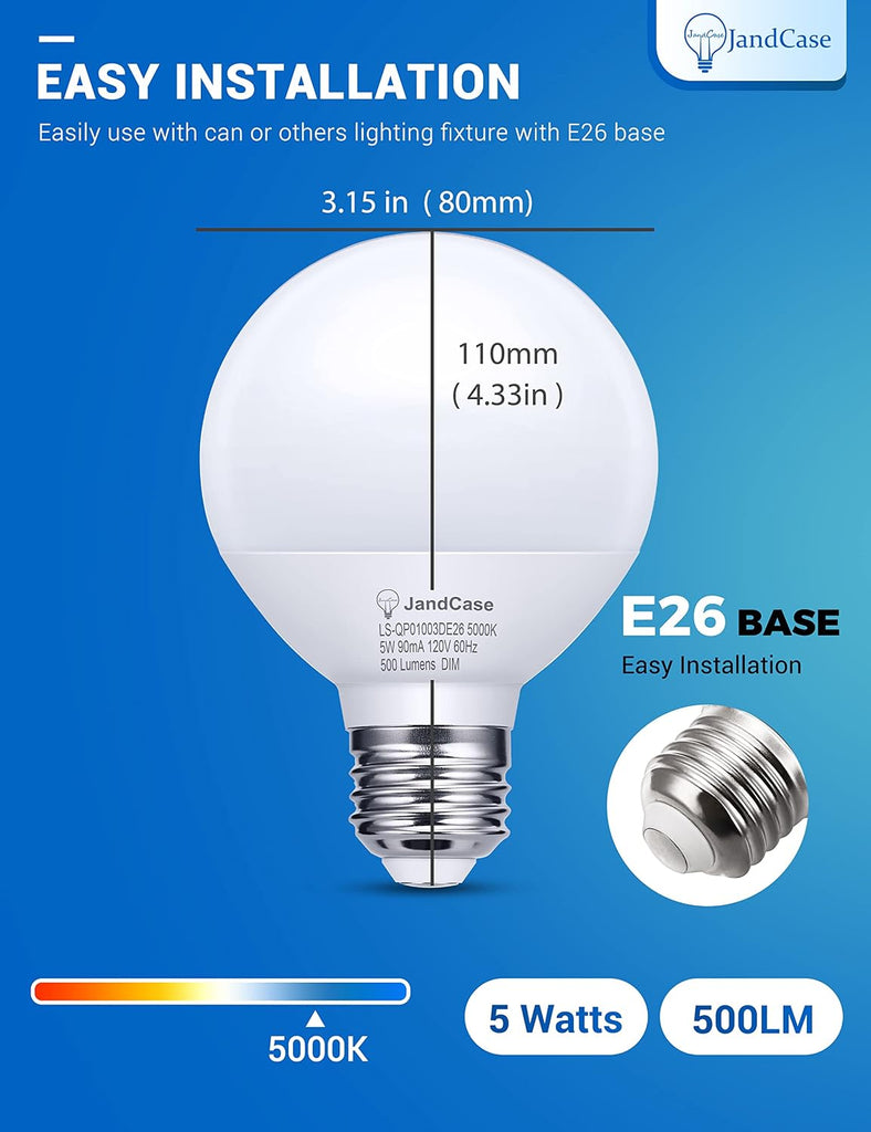 G25 LED Vanity Light Bulbs, Dimmable Globe, 5W(60W Equivalent), E26 Base, CRI 80, Daylight White 5000K, 500LM, UL